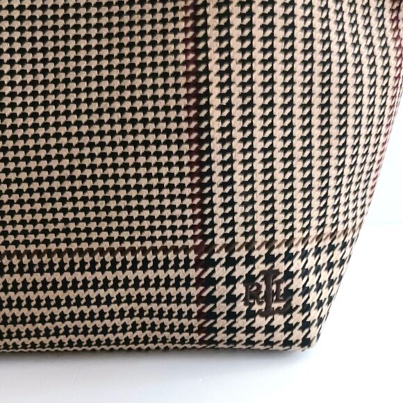 VTG Lauren Ralph Lauren Brown Houndstooth Plaid Small Tote Leather Trim - Picture 2 of 10